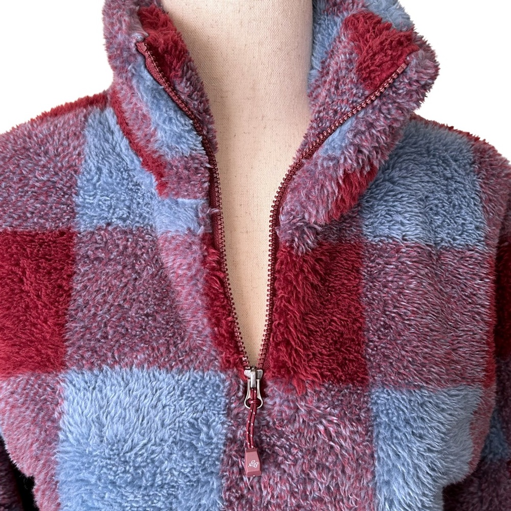 NWT Eddie Bauer Plush Quarter Zip Plaid Super Soft Fleece - XS - Blue, Red